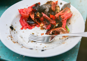 Soft focus photo. Grilled vegetables leftovers. Potatoes in ash. Food in village. Rustic style.