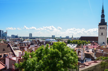 Scenic summer aerial view of the of the Old Town architecture. Roofs of historical center from Toompea hill. Tallinn, Estonia. 