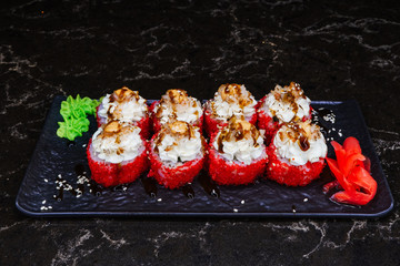 sushi with fish shrimps and so on.sushi on a black background