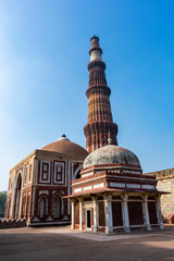 India, Delhi, New Delhi - 9 January 2020 - The Qutb Minar and the neighboring buildings