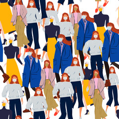 Seamless pattern with fashion women wearing protective face mask. News outbreak blogger