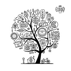 Ecology concept. Global environment and recycling. Art tree with icons