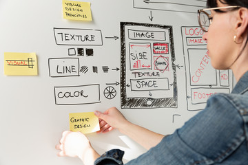 Women website designer creative planning application development drawing template layout framework...