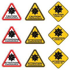 Stop coronavirus neon symbols. COVID-19 virus warning signs with text on English, Italian and French.