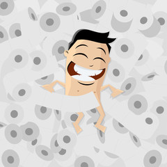funny cartoon illustration of an asian man taking a bath in in toilet paper rolls