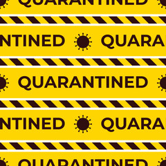 Quarantined Seamless vector pattern. Endless striped ribbons. Coronavirus symbol. Yellow and black color background. Design surface warning texture with text.