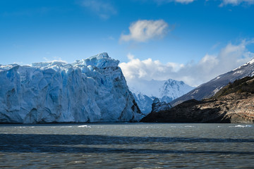 Side view of Perito Moreno glacier where it meets the mountain