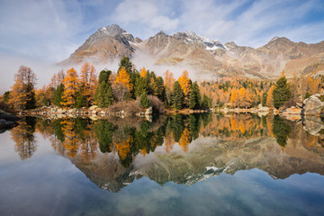  Val Viola lake during autumn, Val di Campo, Poschiavo valley, Graubünden, Switzerland