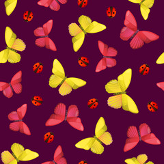 Naklejka na ściany i meble Bright butterflies and ladybugs seamless pattern.