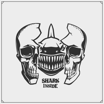 The emblem with shark and skull for a sport team. Wild shark inside. Print design for t-shirt. 