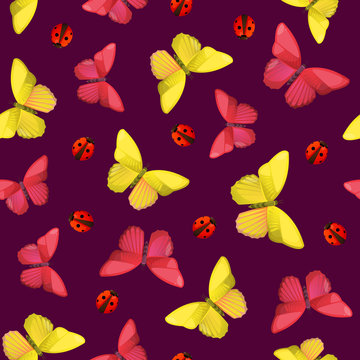 Bright butterflies and ladybugs seamless pattern. © chuhastock