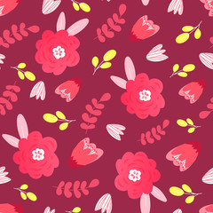 Pink garden wild flowers seamless pattern.