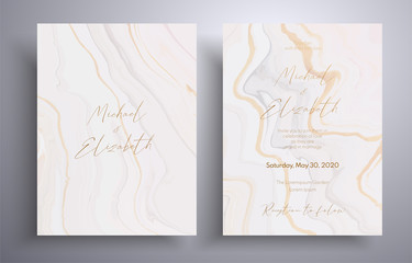 Wedding invitation pattern with waves and swirl. Vector cards with marble design. Elegant template with space for your text. Beige and white overflowing colors
