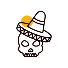 Mexican skull with hat half line half color style icon vector design