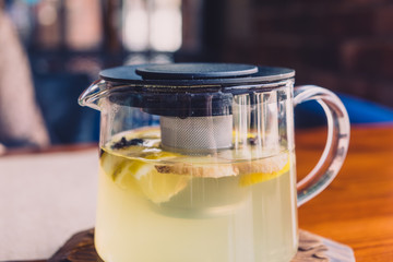herbal tea is in a glass kettle.
