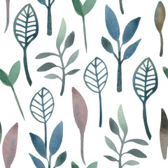 Watercolor seamless pattern of stylized, in the ethnic style, wildflowers common in Europe. Elements on a white background in high resolution for designer compositions.