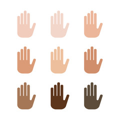 Stop sign set different skin color hand symbol.