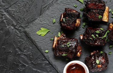 STICKY BEEF SHORT RIBS. Sweet BBQ . Flatlay. top view
