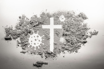 Christian cross and covid-19, coronavirus virus bacteria microbe germ made in ash, dirt, dust as...