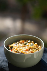 Bowl of stir-fry rice with vegetables. Selective focus.