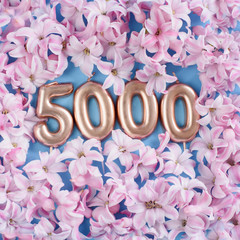 1000 followers card. Template for social networks, blogs. Background with pink flower petals.