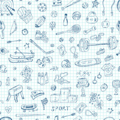 Sports. Seamless pattern of sports equipment. Hand Drawn Doodles Vector illustration.