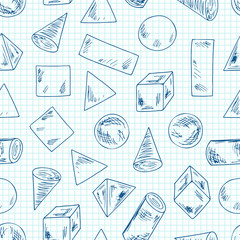 Seamless pattern of Basic Geometric Shapes on a sheet of exercise book. Hand Drawn Doodles illustration