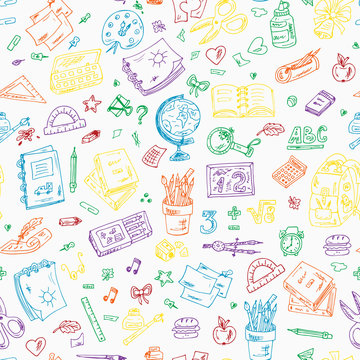 Back to school. Seamless pattern of Multicolor school supplies. Hand Drawn Doodles illustration