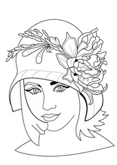 Fashion sketch Coloring Pages for Adults. Beautiful Girl Portrait Hat Flowers Romantic.