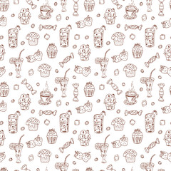 Vector Seamless Pattern of Hand Drawn doodle Desserts: Cakes, beverages and candy
