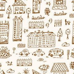 Vector Seamless pattern of Hand Drawn doodle Cartoon houses