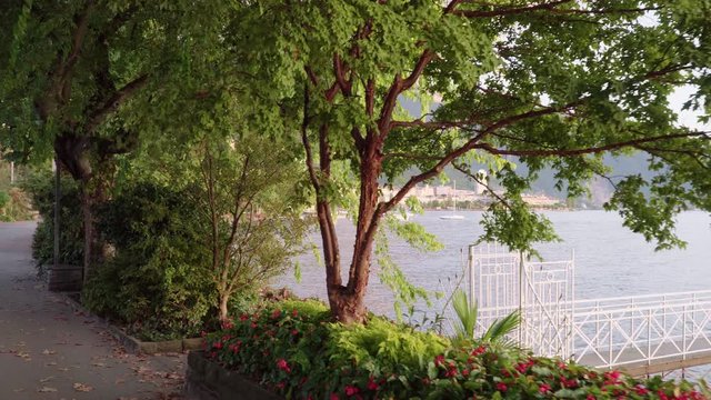 Flow shot magic hour time fromt Swiss promenade to Lake Geneva at Montreux through trees
