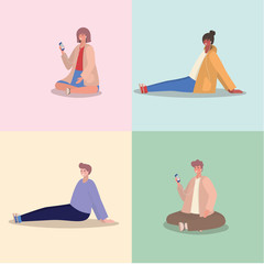 Girls and boys with smartphones vector design