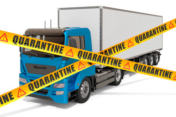 Change or cancellation cargo logistic, quarantine. Truck with caution barrier tapes, 3D rendering