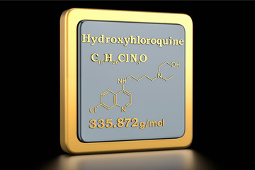 Hydroxychloroquine icon. Icon, chemical formula of HCQ, molecular structure. 3D rendering