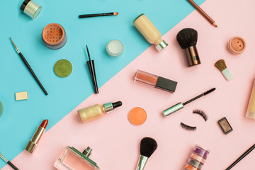 Set of Makeup professional cosmetics on color background