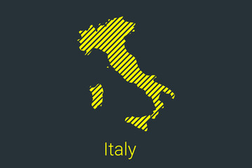 Map of Italy, striped map in a black strip on a yellow background for coronavirus infographics and quarantine area markers and restrictions. vector illustration
