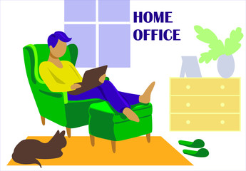 Working at home, coworking space, concept illustration. Young people, mаn freelancers working on laptops and computers at home. Vector flat style illustration. Home office