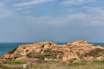 Old Crusader Castle Ruins in Apollonia by the Mediterranean Sea (Israel)