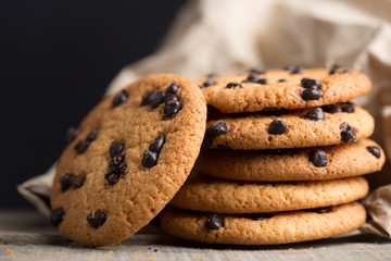 Stacked chocolate oat cookies Close up. Tasty snack and Sweet dessert