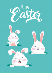 happy easter celebration card with rabbits characters