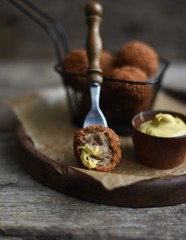 Bitterballen with mustard, warm fried snack, served in the Netherlands