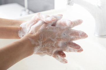 Washing hands. daily personal care against viruses, bacteria, microbes.