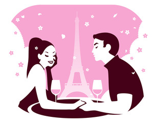 A couple having romantic dinner with glasses of wine in Paris, with a view of the Eiffel Tower, vector illustration.