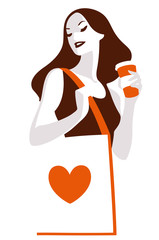 A young girl with a paper coffee cup to go, holding a large tote shopping shoulder bag with a printed heart on it, vector illustration.