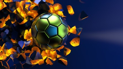 Green-Blue Soccer ball breaking with great force through a hot iron wall under spot light background. 3D high quality rendering. 3D illustration.