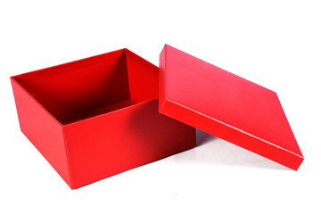 beautiful red gift box with open lid with side view and space for text on white background