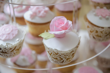 Luxurious pink wedding cake with flowers. Birthday, Valentine's day cake. Cupcakes  with pink roses. Wooden background