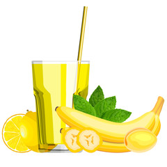 Yellow blended smoothie in a glass with ingredients vector illustration