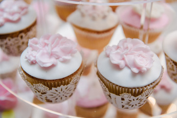 Luxurious pink wedding cake with flowers. Birthday, Valentine's day cake. Cupcakes with pink roses. Wooden background